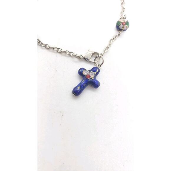 Cloisonne Flower Bead Bracelet With Rosary Cross Charm On Silver Chain - Picture 2 of 10